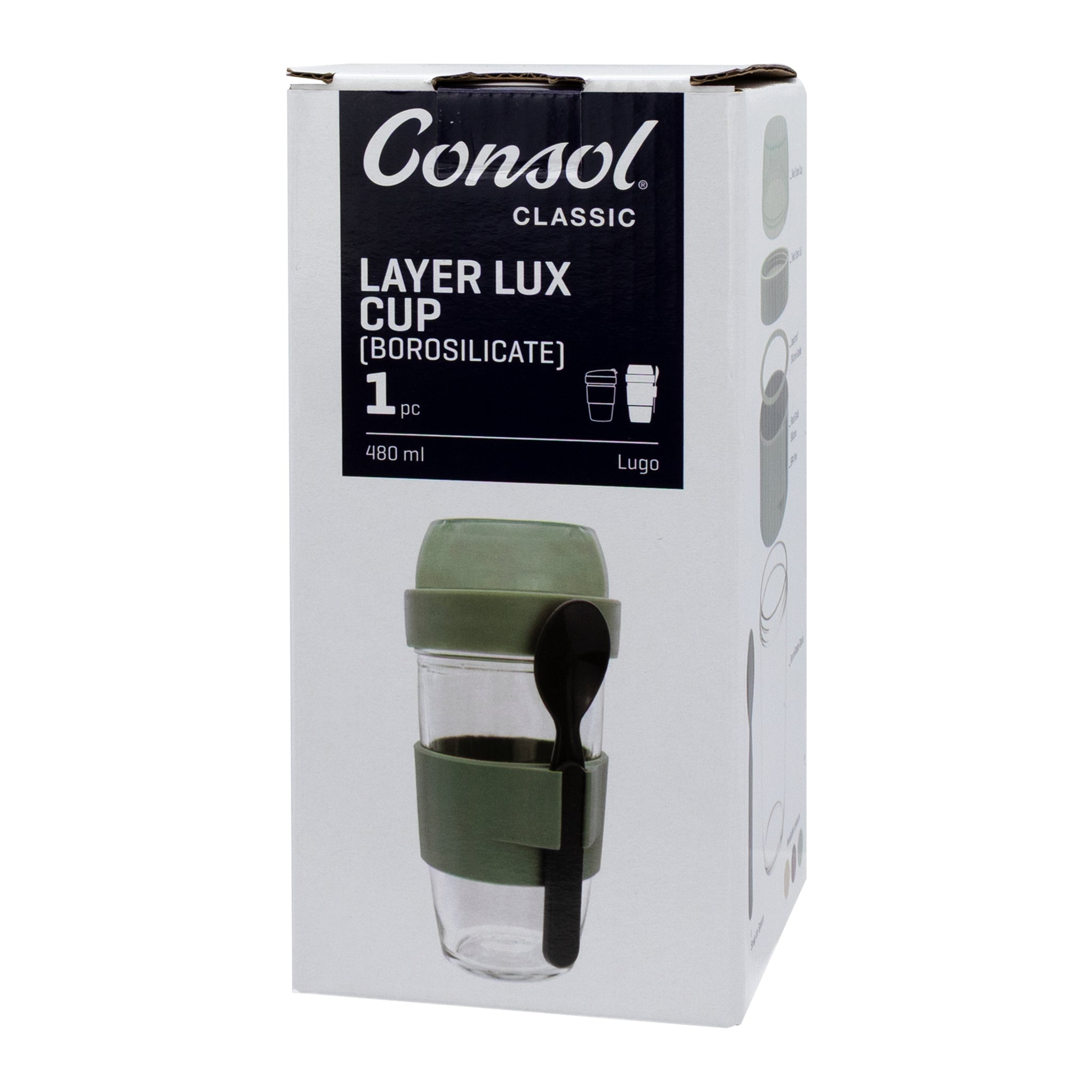 CONSOL LUGO LAYER LUX CUP WITH GREEN PLASTIC LID AND GREY SPOON, 480ML