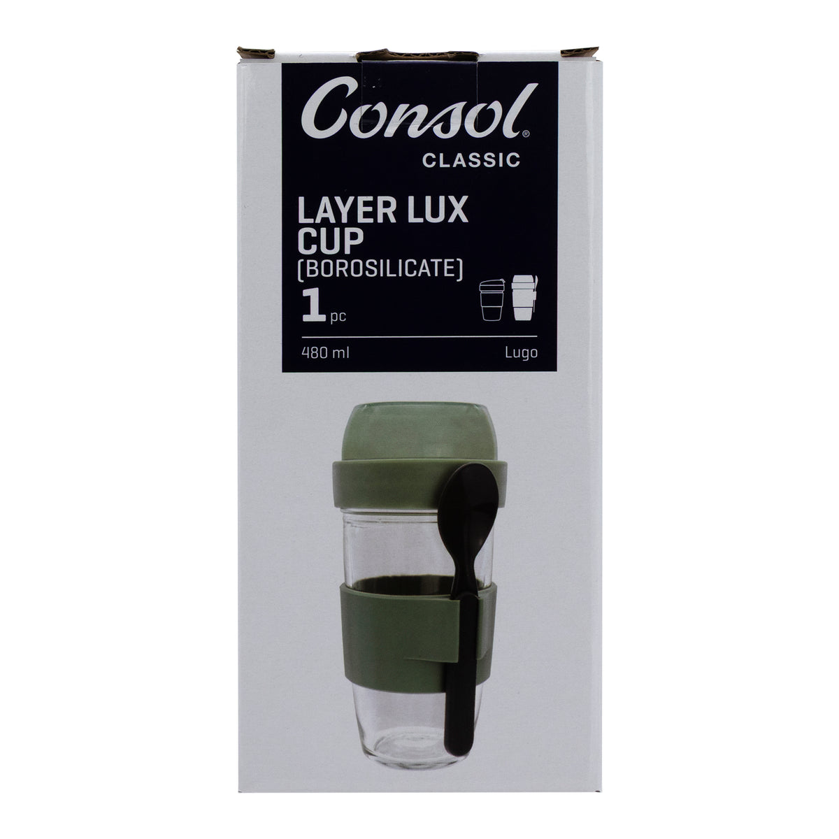 CONSOL LUGO LAYER LUX CUP WITH GREEN PLASTIC LID AND GREY SPOON, 480ML