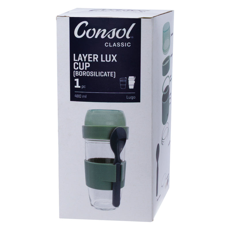 CONSOL LUGO LAYER LUX CUP WITH GREEN PLASTIC LID AND GREY SPOON, 480ML