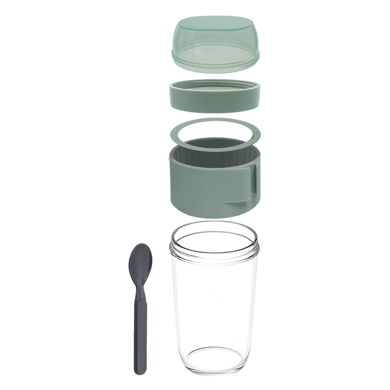 CONSOL LUGO LAYER LUX CUP WITH GREEN PLASTIC LID AND GREY SPOON, 480ML