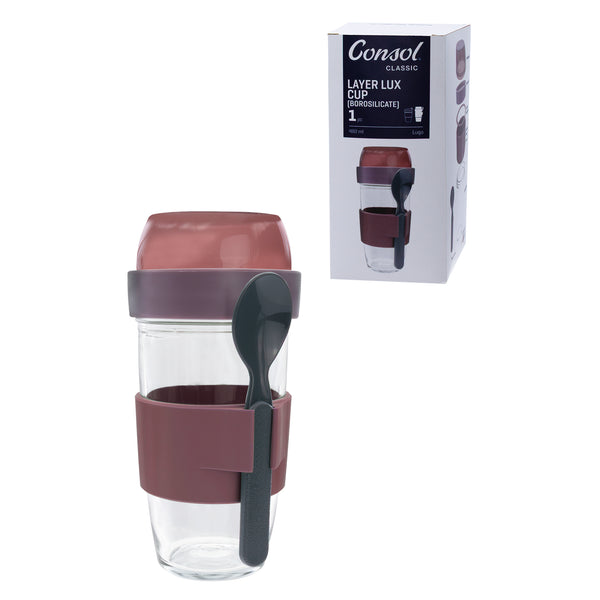 CONSOL LUGO LAYER LUX CUP WITH PURPLE PLASTIC LID AND GREY SPOON, 480ML