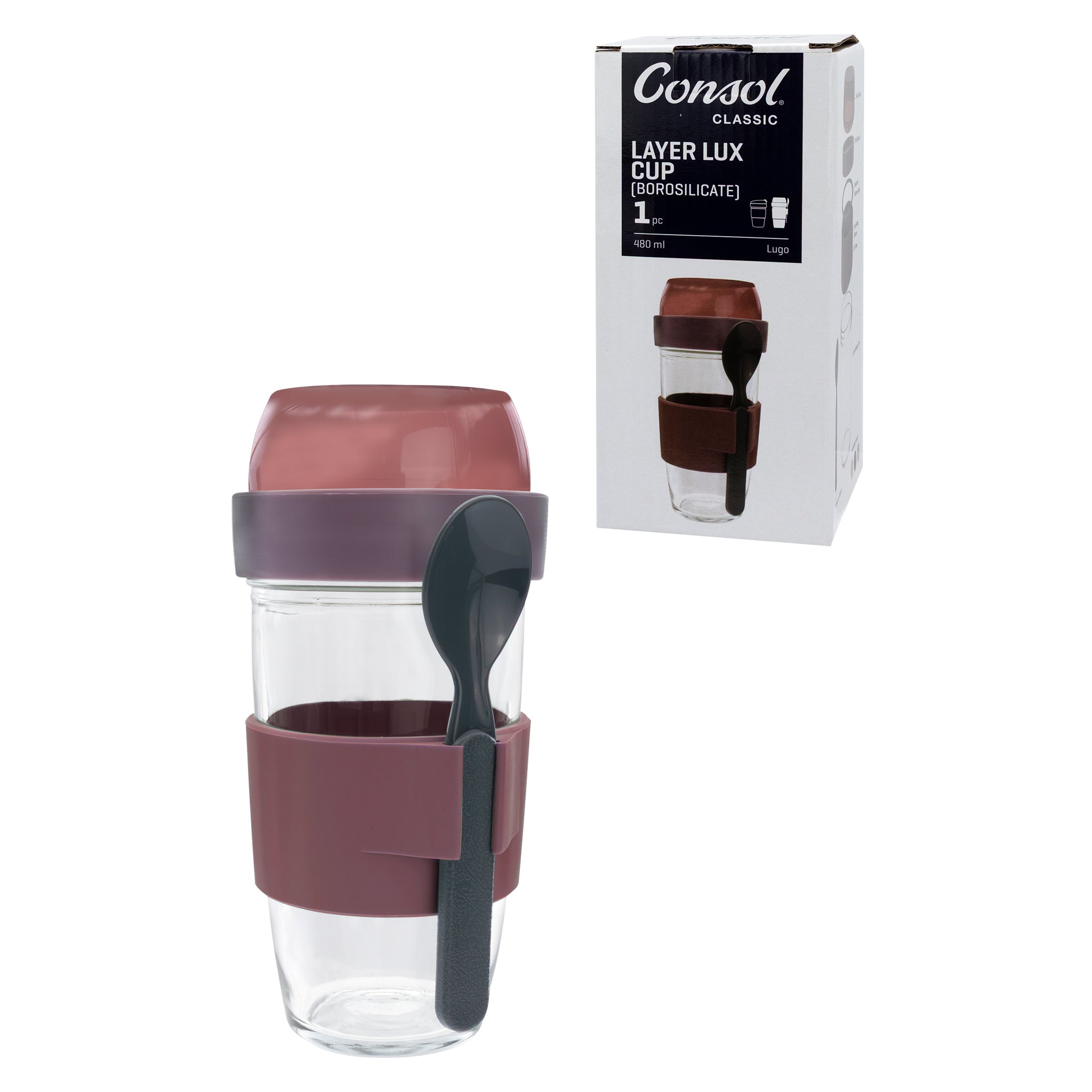 CONSOL LUGO LAYER LUX CUP WITH PURPLE PLASTIC LID AND GREY SPOON, 480ML