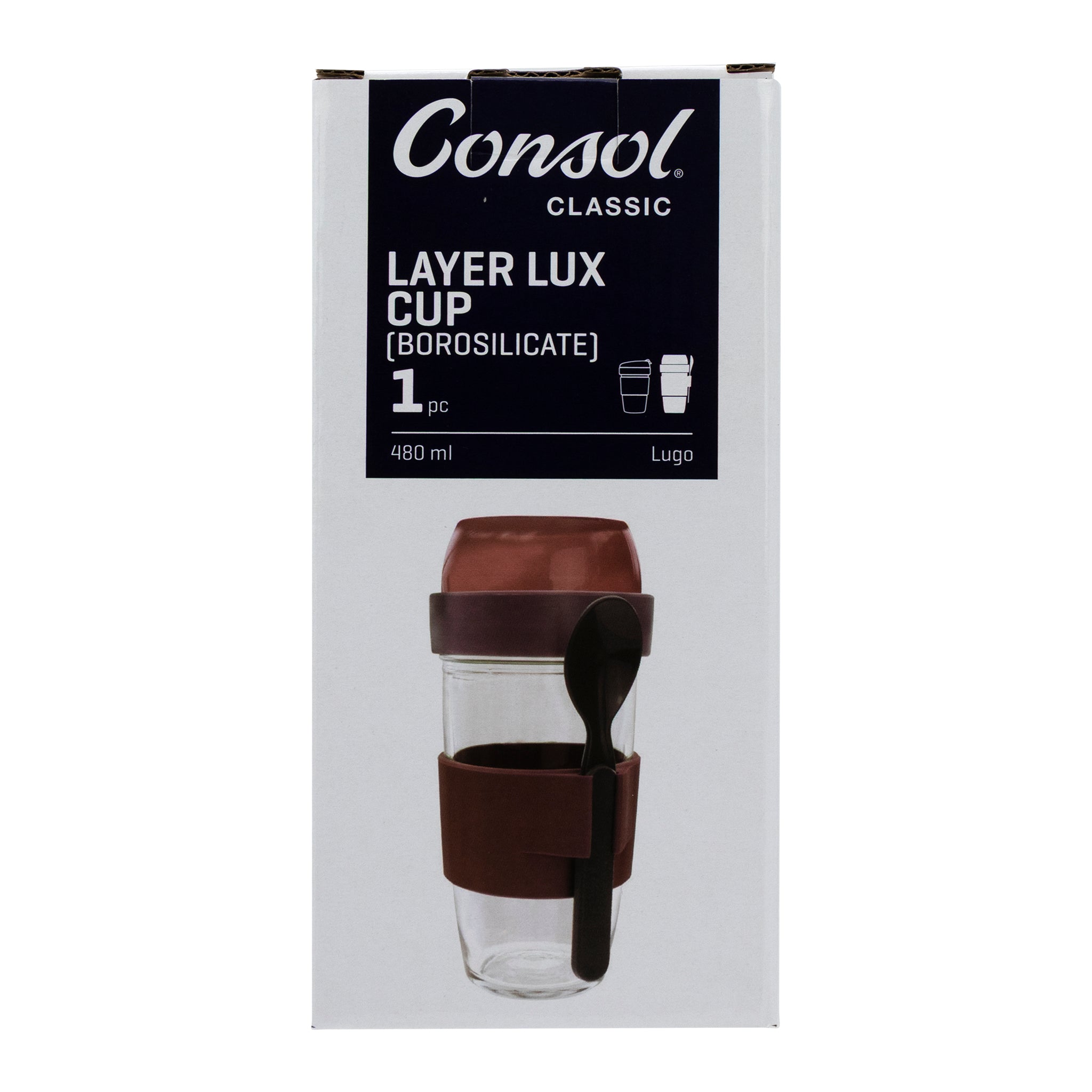 CONSOL LUGO LAYER LUX CUP WITH PURPLE PLASTIC LID AND GREY SPOON, 480ML