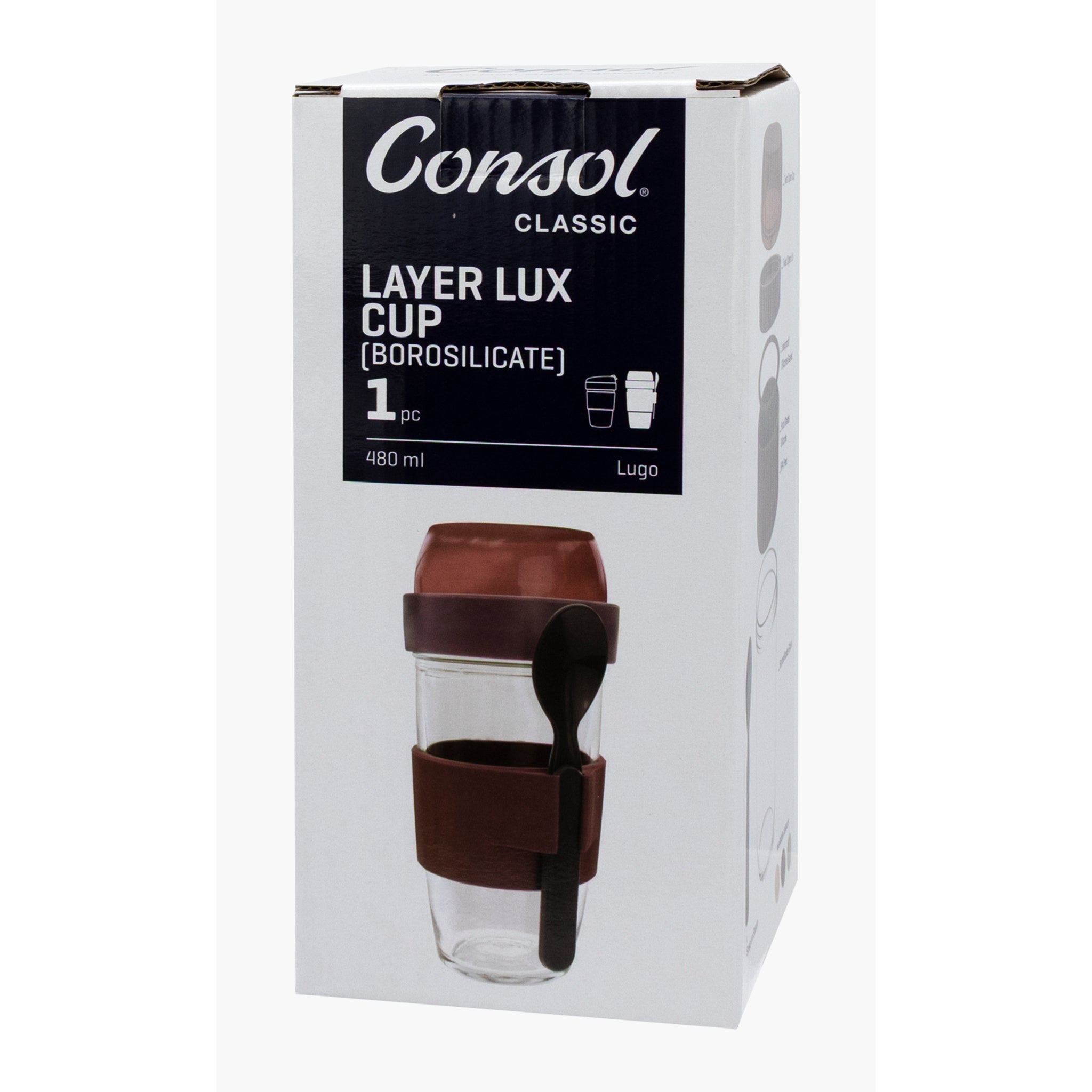 CONSOL LUGO LAYER LUX CUP WITH PURPLE PLASTIC LID AND GREY SPOON, 480ML