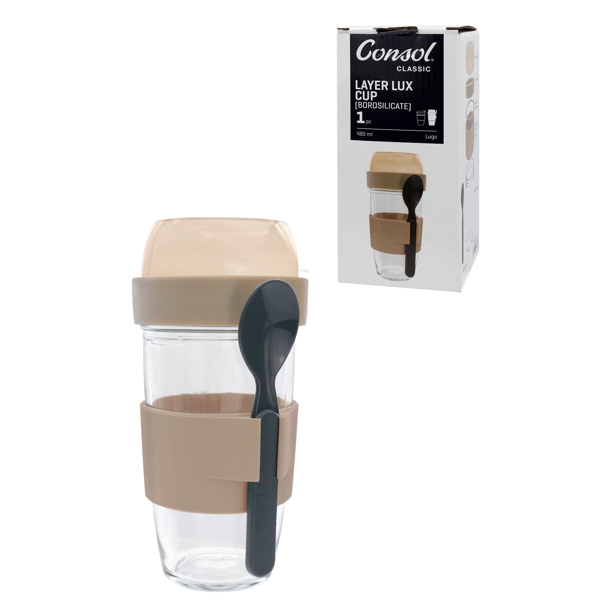 CONSOL LUGO LAYER LUX CUP WITH BEIGE PLASTIC LID AND GREY SPOON, 480ML