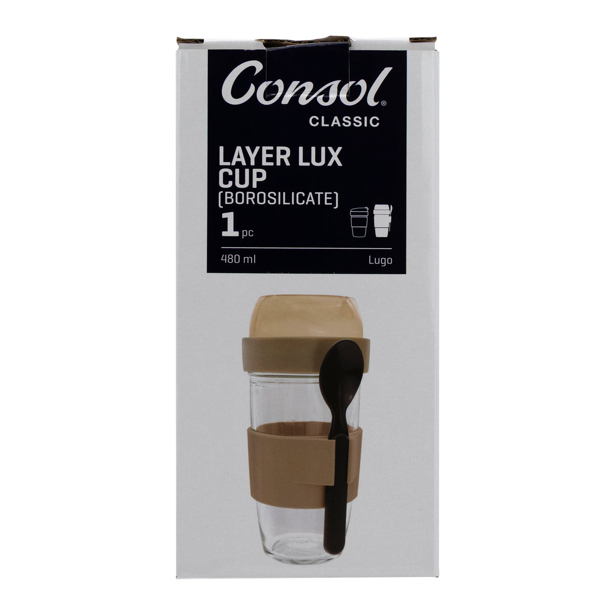 CONSOL LUGO LAYER LUX CUP WITH BEIGE PLASTIC LID AND GREY SPOON, 480ML