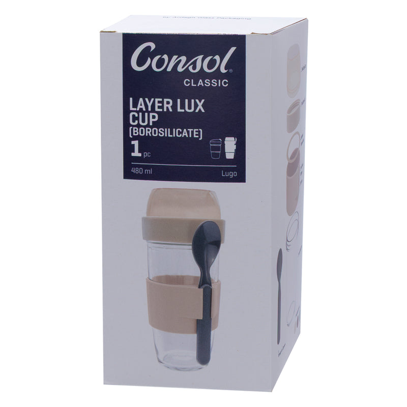 CONSOL LUGO LAYER LUX CUP WITH BEIGE PLASTIC LID AND GREY SPOON, 480ML