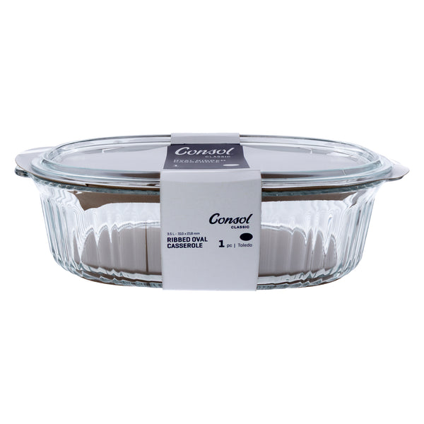 CONSOL TOLEDO OVAL RIBBED GLASS CASSEROLE WITH LID, 3.5 L