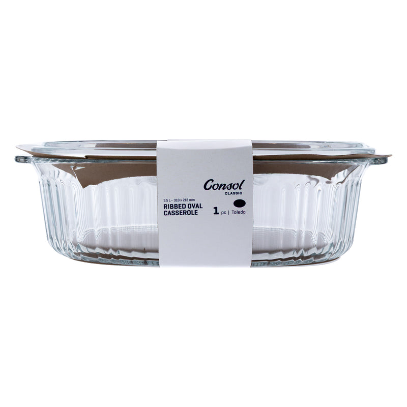 CONSOL TOLEDO OVAL RIBBED GLASS CASSEROLE WITH LID, 3.5 L