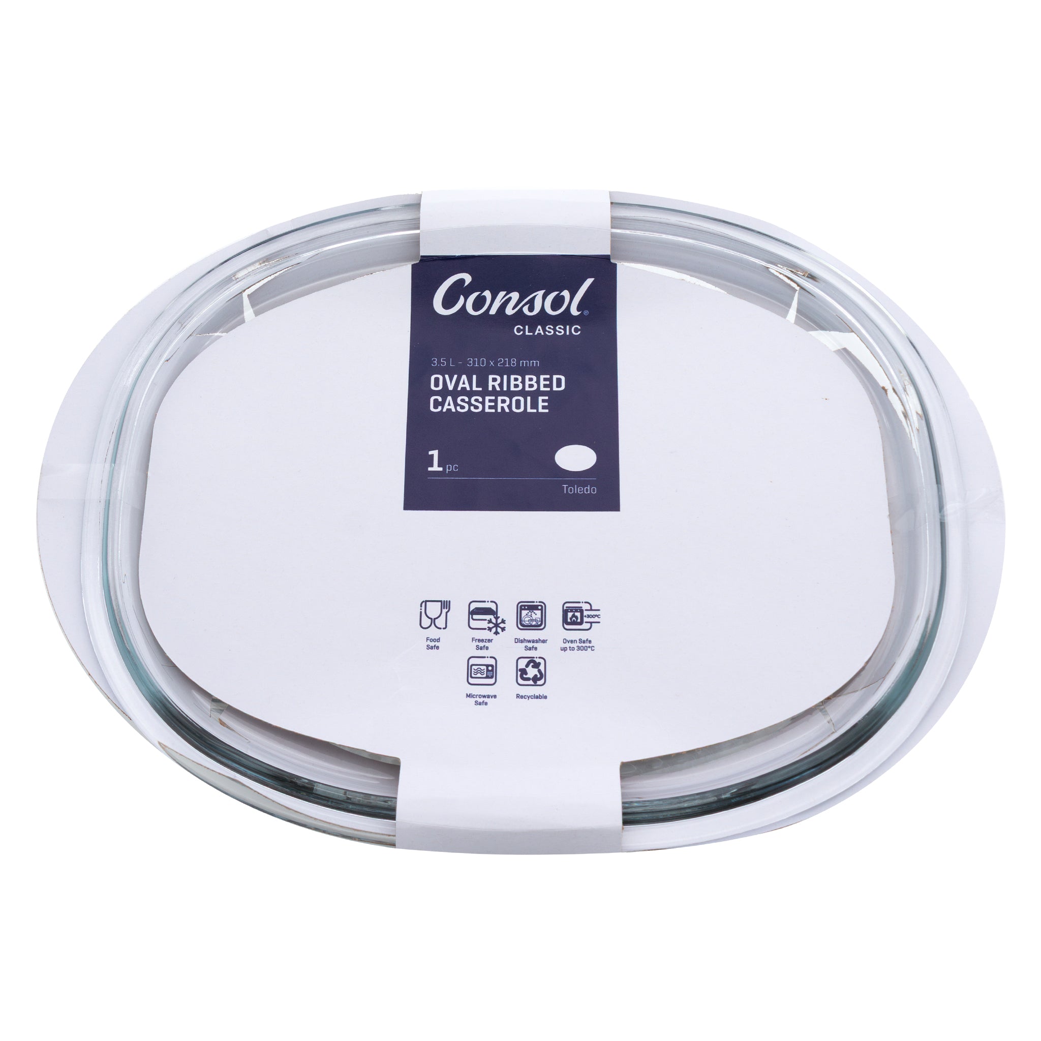 CONSOL TOLEDO OVAL RIBBED GLASS CASSEROLE WITH LID, 2.8L