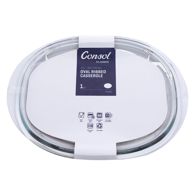 CONSOL TOLEDO OVAL RIBBED GLASS CASSEROLE WITH LID, 3.5 L