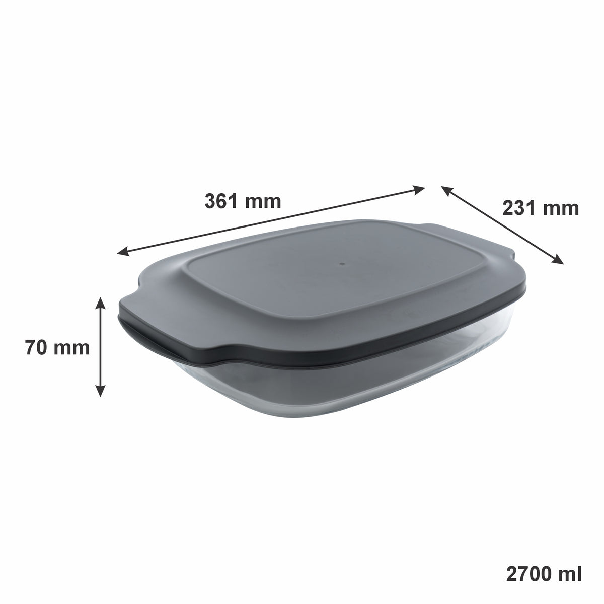 CONSOL VIGO RECTANGULAR GLASS BAKING DISH WITH GREY PLASTIC LID, 2.7L