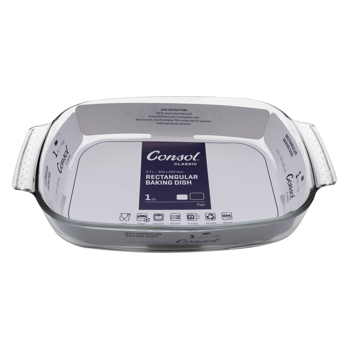 CONSOL VIGO RECTANGULAR GLASS BAKING DISH WITH GREY PLASTIC LID, 2.7L