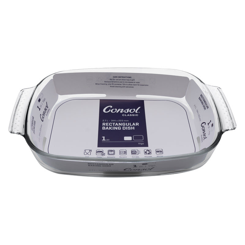 CONSOL VIGO RECTANGULAR GLASS BAKING DISH WITH GREY PLASTIC LID, 2.7L
