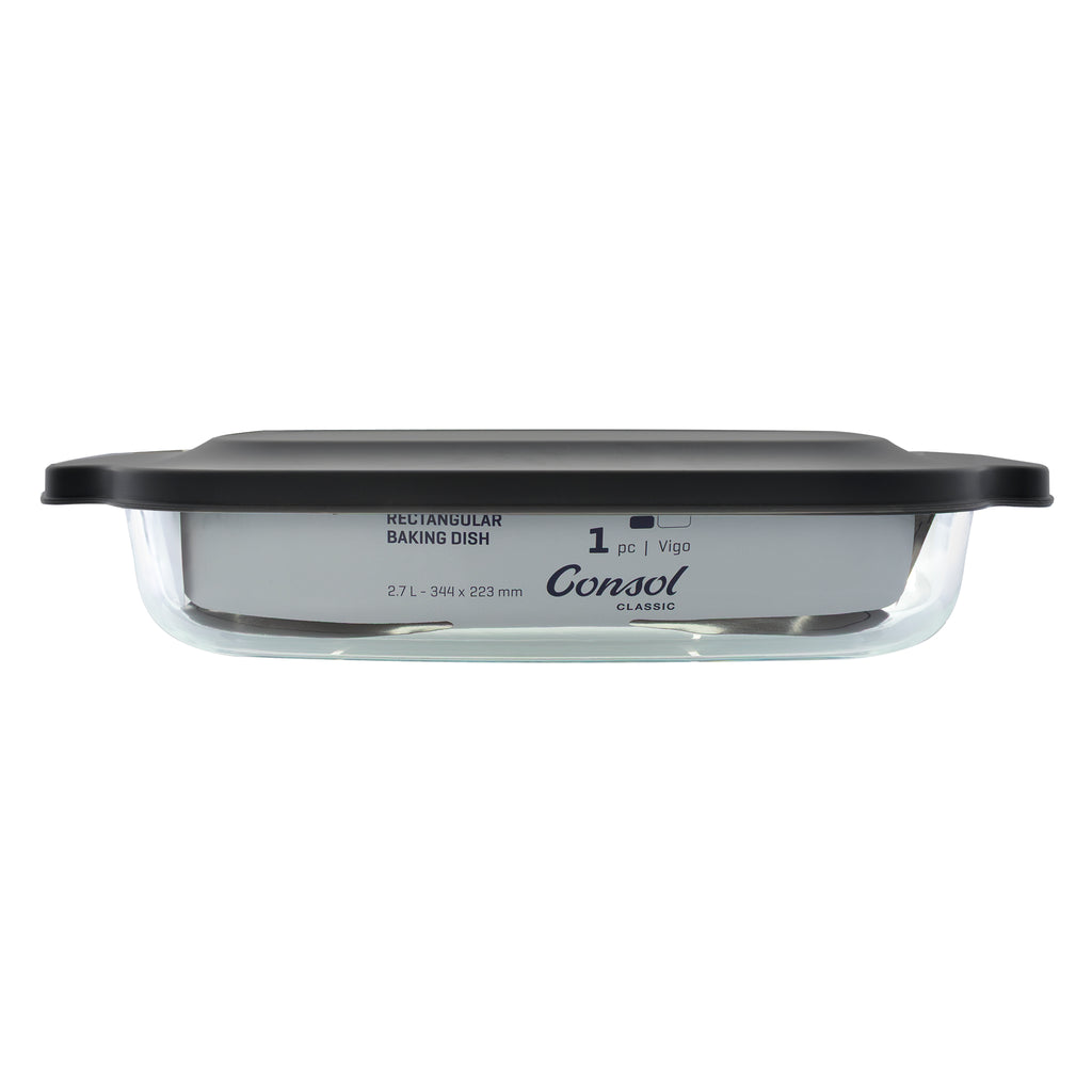 CONSOL VIGO RECTANGULAR GLASS BAKING DISH WITH GREY PLASTIC LID, 2.7L