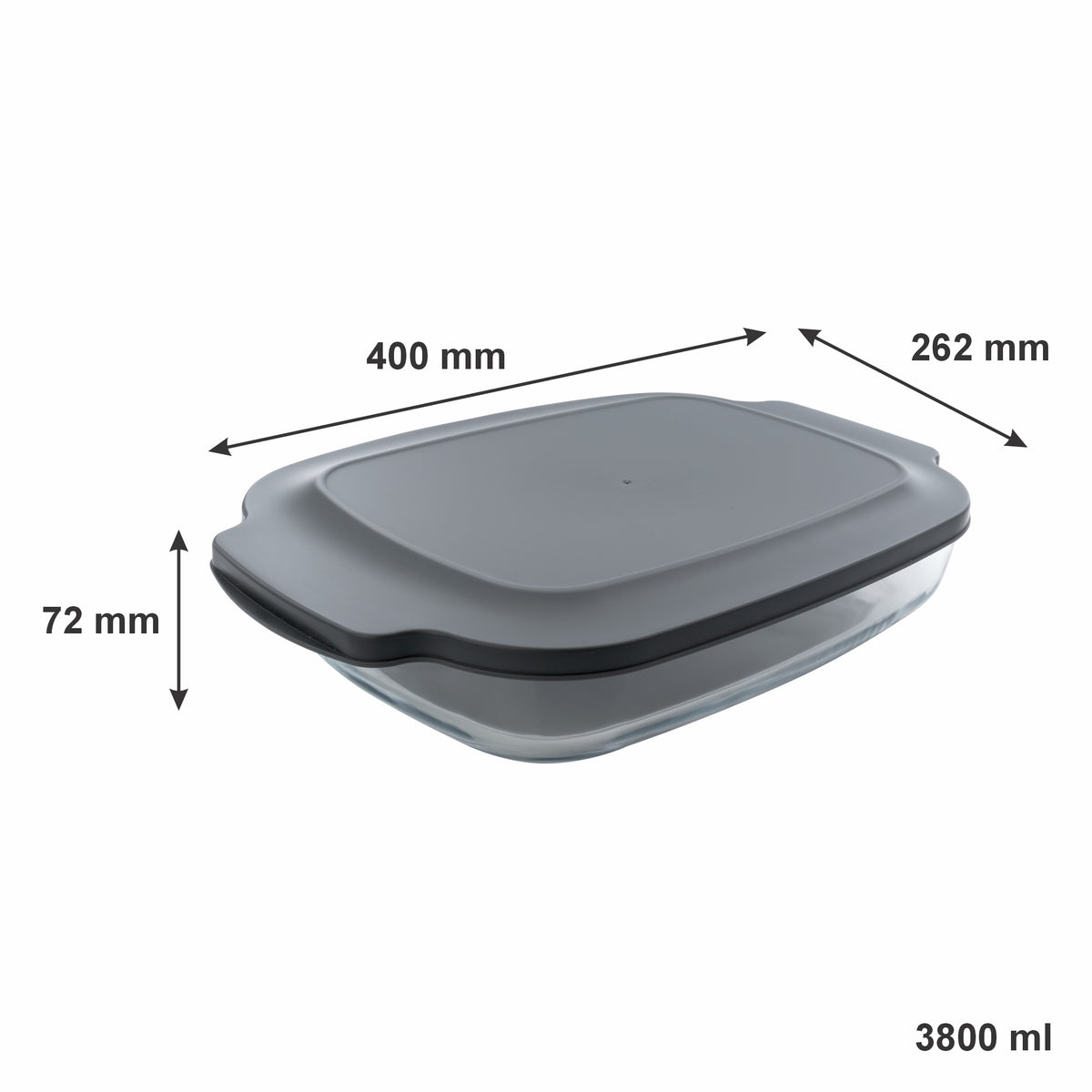CONSOL VIGO RECTANGULAR GLASS BAKING DISH WITH GREY PLASTIC LID, 3.8L