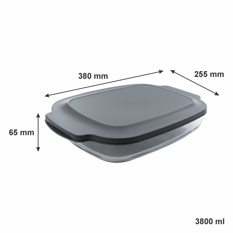 CONSOL VIGO RECTANGULAR GLASS BAKING DISH WITH GREY PLASTIC LID, 3.8L