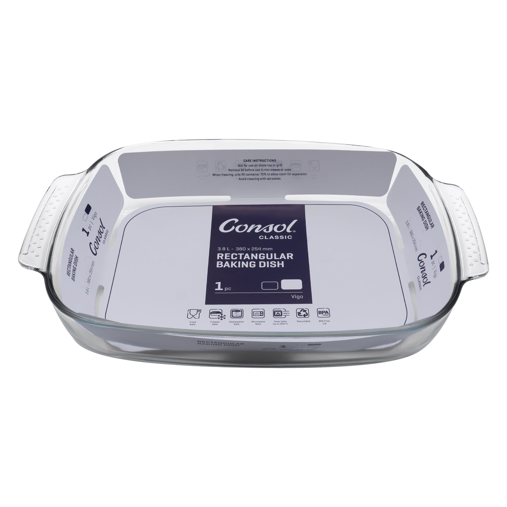 CONSOL VIGO RECTANGULAR GLASS BAKING DISH WITH GREY PLASTIC LID, 3.8L