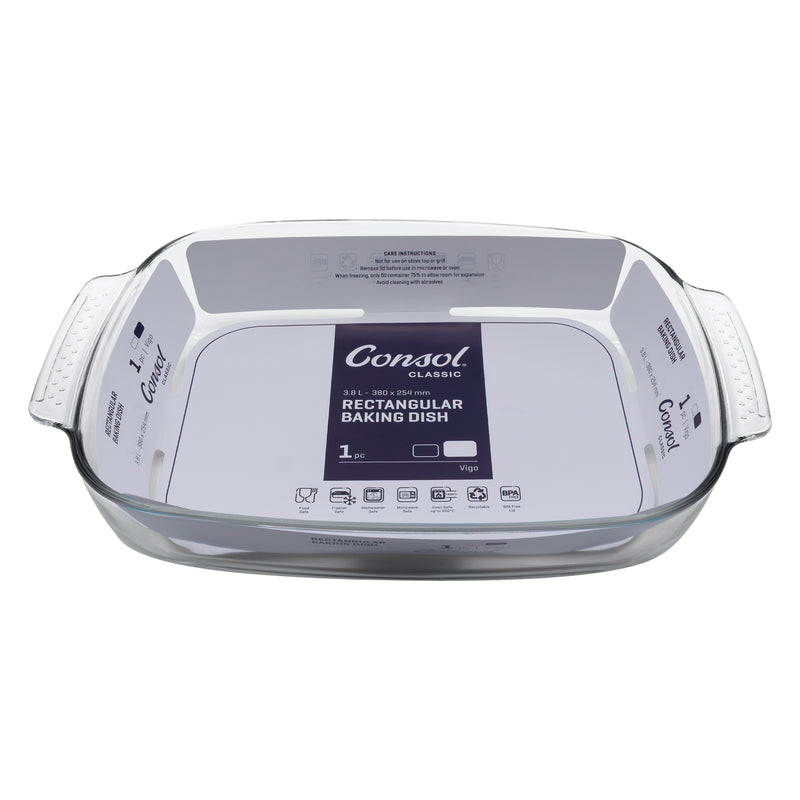 CONSOL VIGO RECTANGULAR GLASS BAKING DISH WITH GREY PLASTIC LID, 3.8L