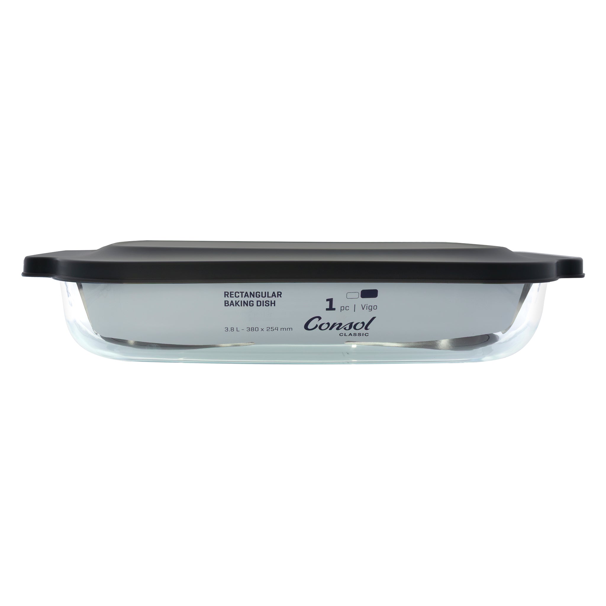 CONSOL VIGO RECTANGULAR GLASS BAKING DISH WITH GREY PLASTIC LID, 3.8L
