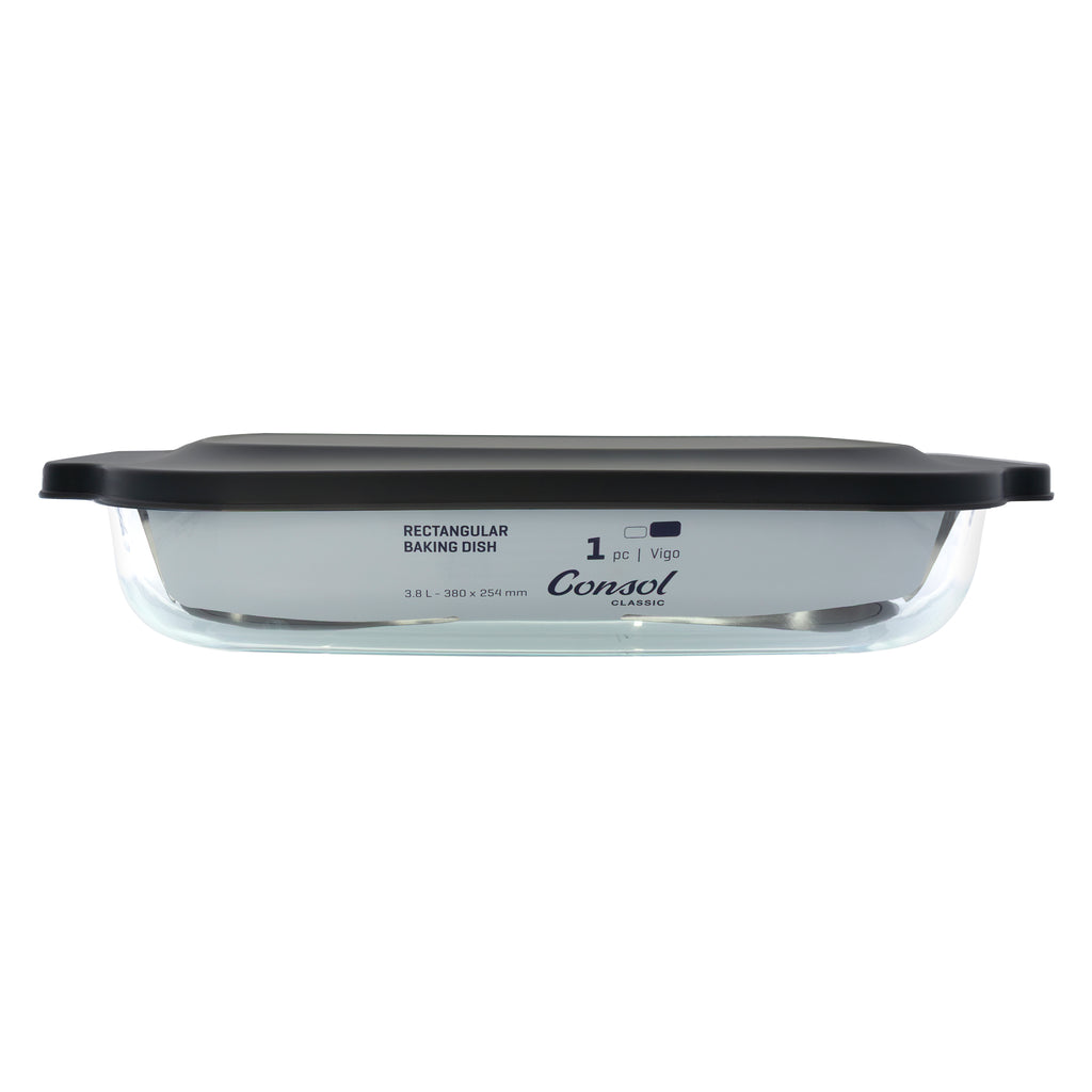 CONSOL VIGO RECTANGULAR GLASS BAKING DISH WITH GREY PLASTIC LID, 3.8L