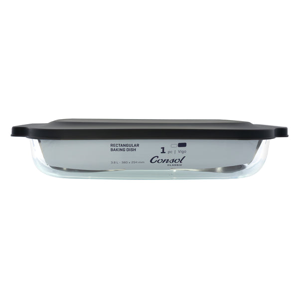 CONSOL VIGO RECTANGULAR GLASS BAKING DISH WITH GREY PLASTIC LID, 3.8L