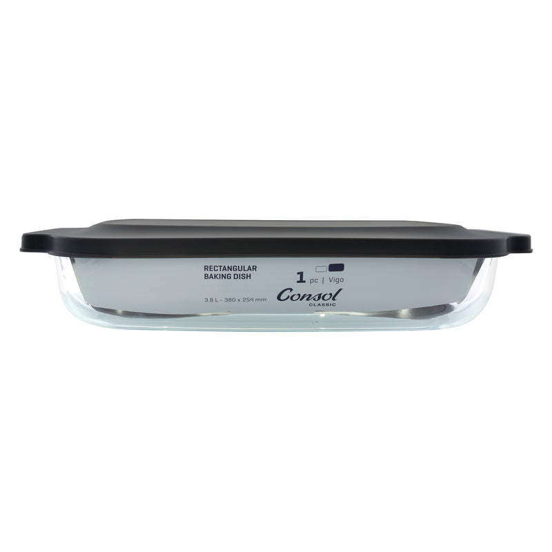 CONSOL VIGO RECTANGULAR GLASS BAKING DISH WITH GREY PLASTIC LID, 3.8L
