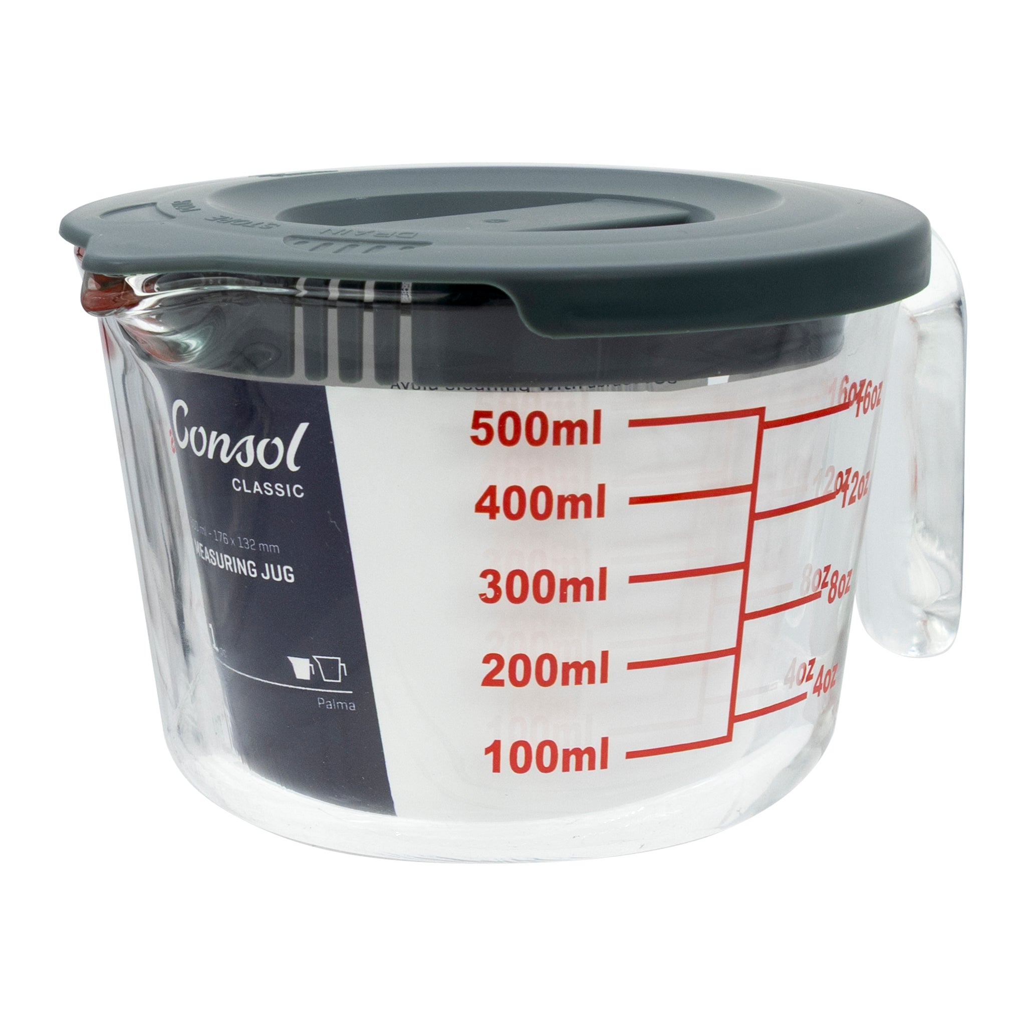 CONSOL PALMA MEASURING JUG BOROSILICATE WITH GREY COVER, 500ML