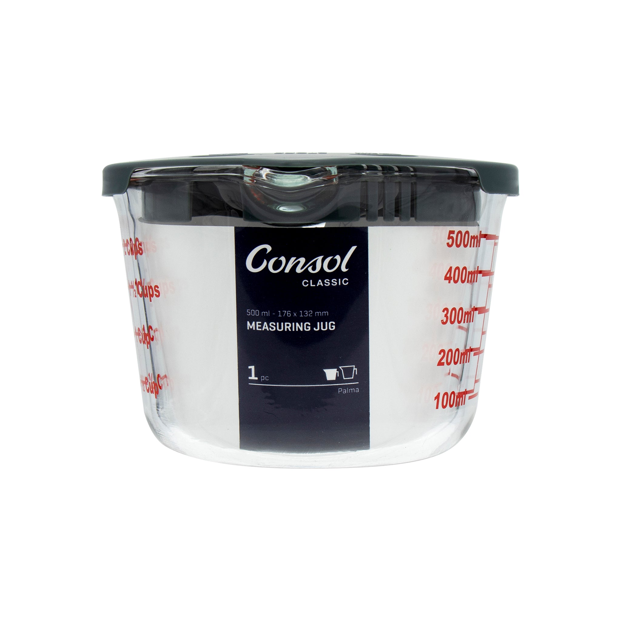 CONSOL PALMA MEASURING JUG BOROSILICATE WITH GREY COVER, 500ML