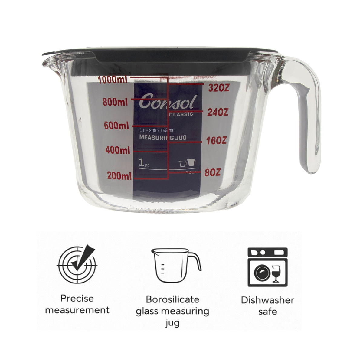 CONSOL PALMA MEASURING JUG BOROSILICATE WITH GREY COVER, 1L