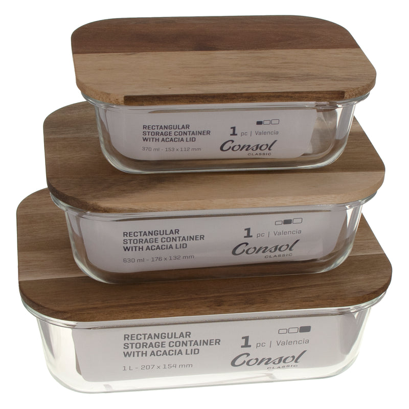 CONSOL VALENCIA RECT. FOOD STORAGE CONTAINER WITH ACACIA LIDS, 370ML (150X108X54MM)