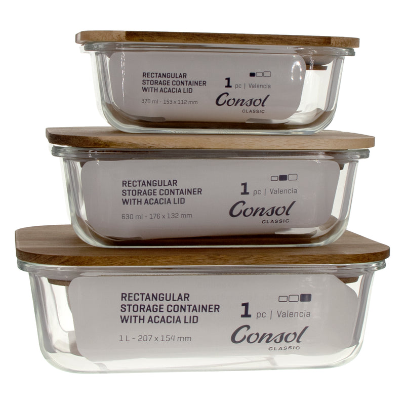 CONSOL VALENCIA RECT. FOOD STORAGE CONTAINER WITH ACACIA LIDS, 370ML (150X108X54MM)