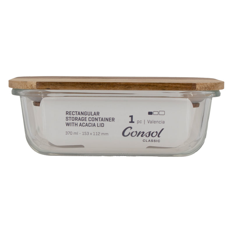 CONSOL VALENCIA RECT. FOOD STORAGE CONTAINER WITH ACACIA LIDS, 370ML (150X108X54MM)