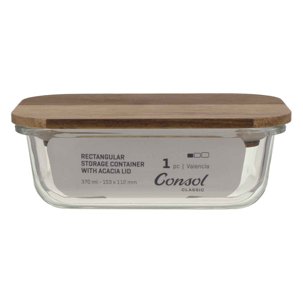 CONSOL VALENCIA RECT. FOOD STORAGE CONTAINER WITH ACACIA LIDS, 370ML