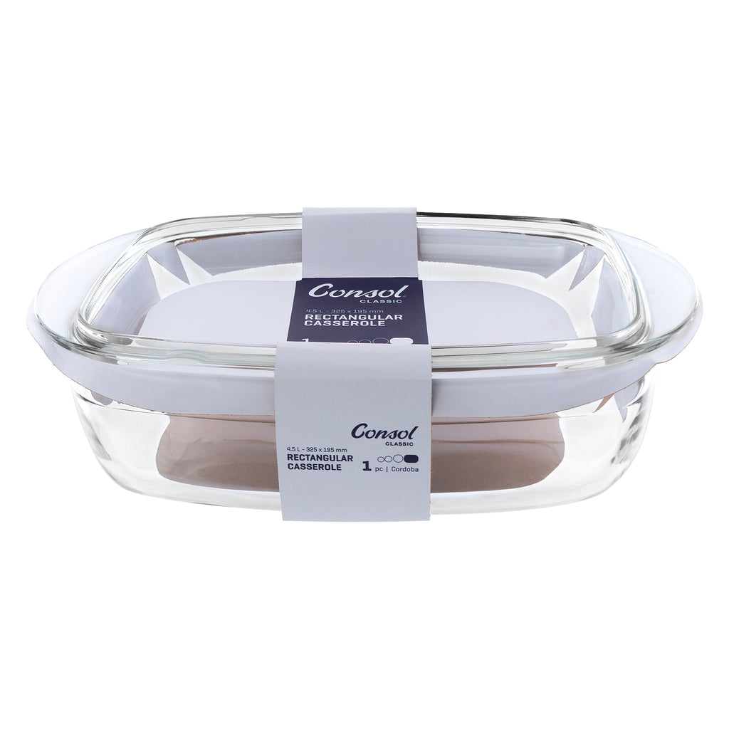 CONSOL CORDOBA RECTANGULAR GLASS CASSEROLE WITH LID, 4.5 L