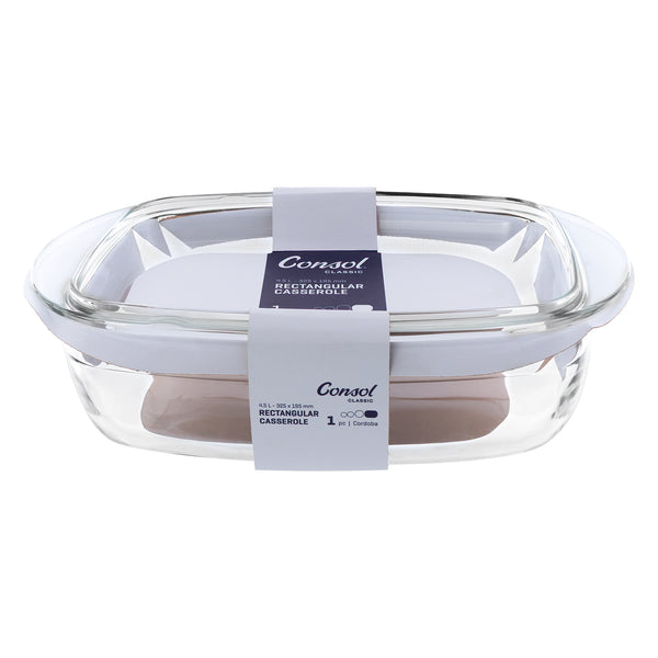 CONSOL CORDOBA RECTANGULAR GLASS CASSEROLE WITH LID, 4.5 L