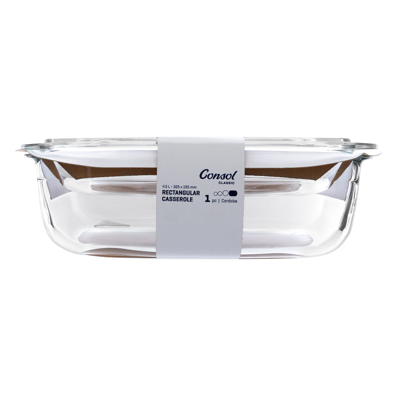CONSOL CORDOBA RECTANGULAR GLASS CASSEROLE WITH LID, 4.5 L
