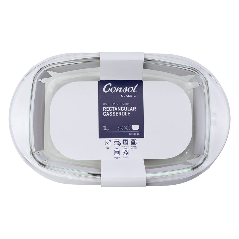 CONSOL CORDOBA RECTANGULAR GLASS CASSEROLE WITH LID, 4.5 L