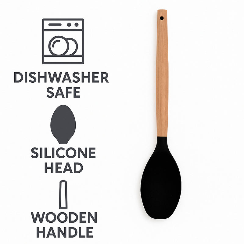 REGENT KITCHEN SPOONULA BLACK SILICONE AND WOODEN HANDLE, 330MM