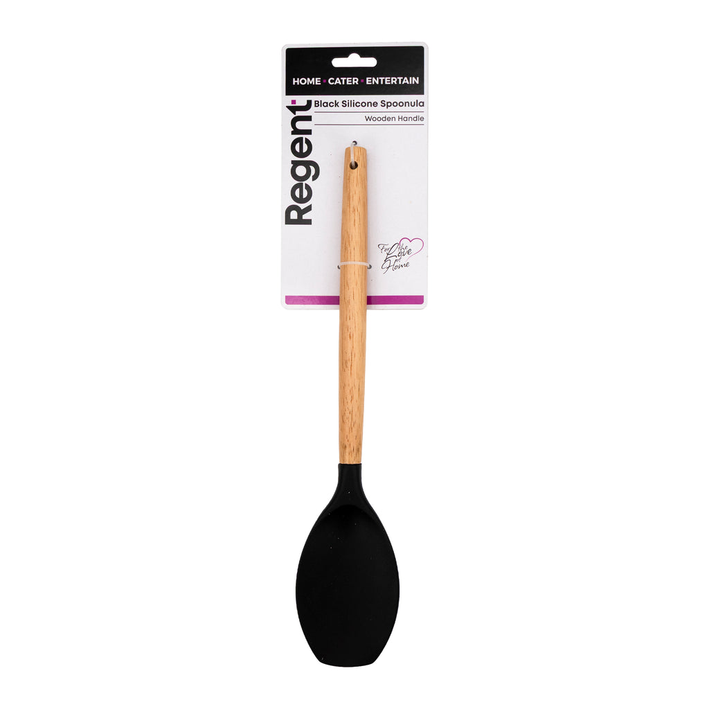 REGENT KITCHEN SPOONULA BLACK SILICONE WITH WOODEN HANDLE, 340MM