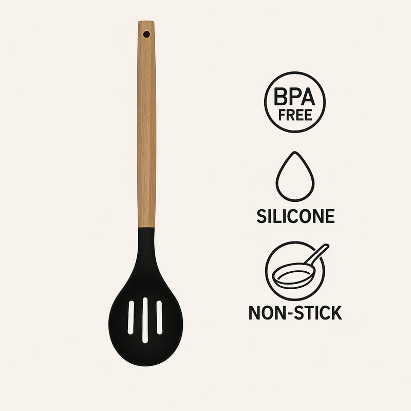 REGENT KITCHEN SLOTTED SPOON BLACK SILICONE AND WOODEN HANDLE, 340MM