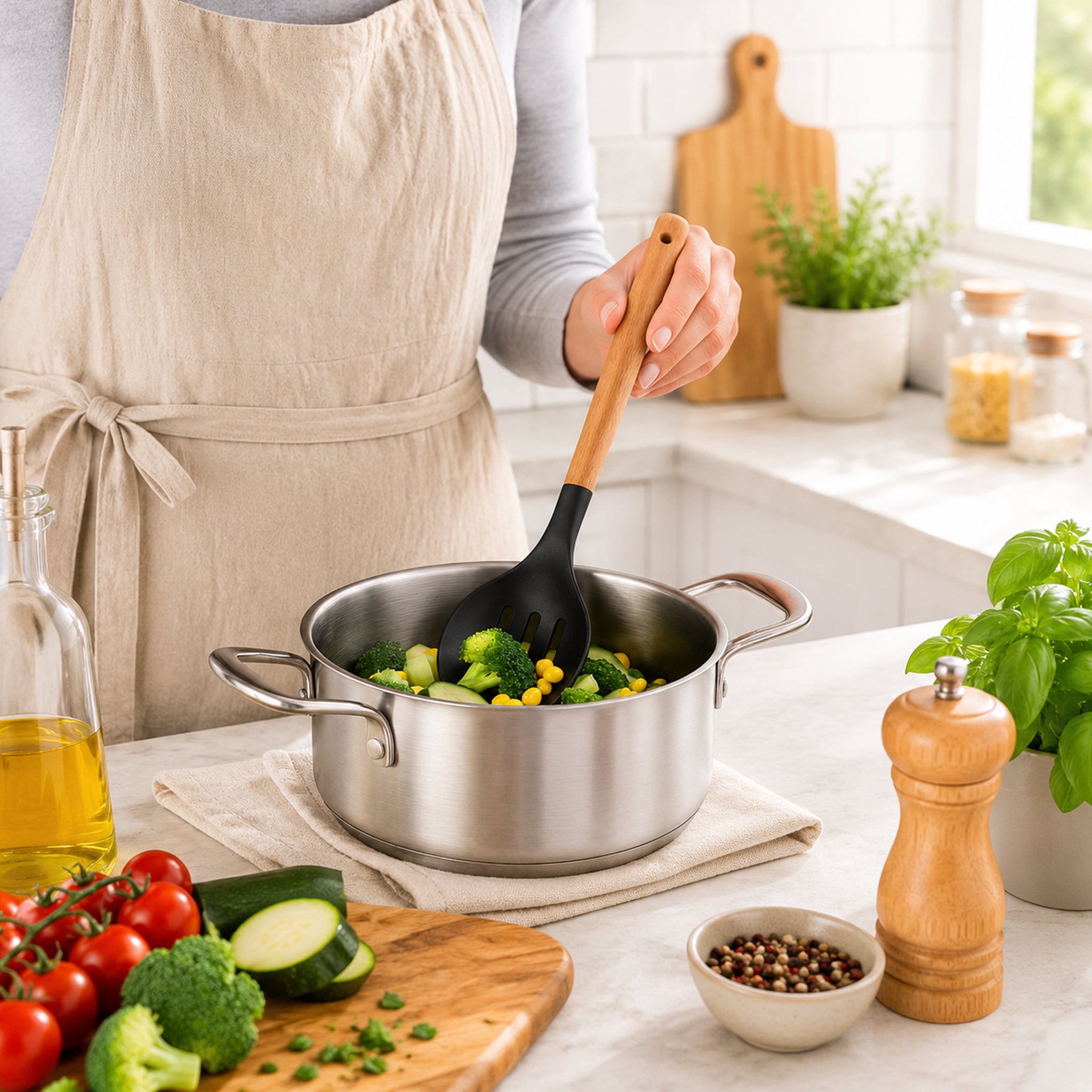REGENT KITCHEN SLOTTED SPOON BLACK SILICONE WITH WOODEN HANDLE, 340MM