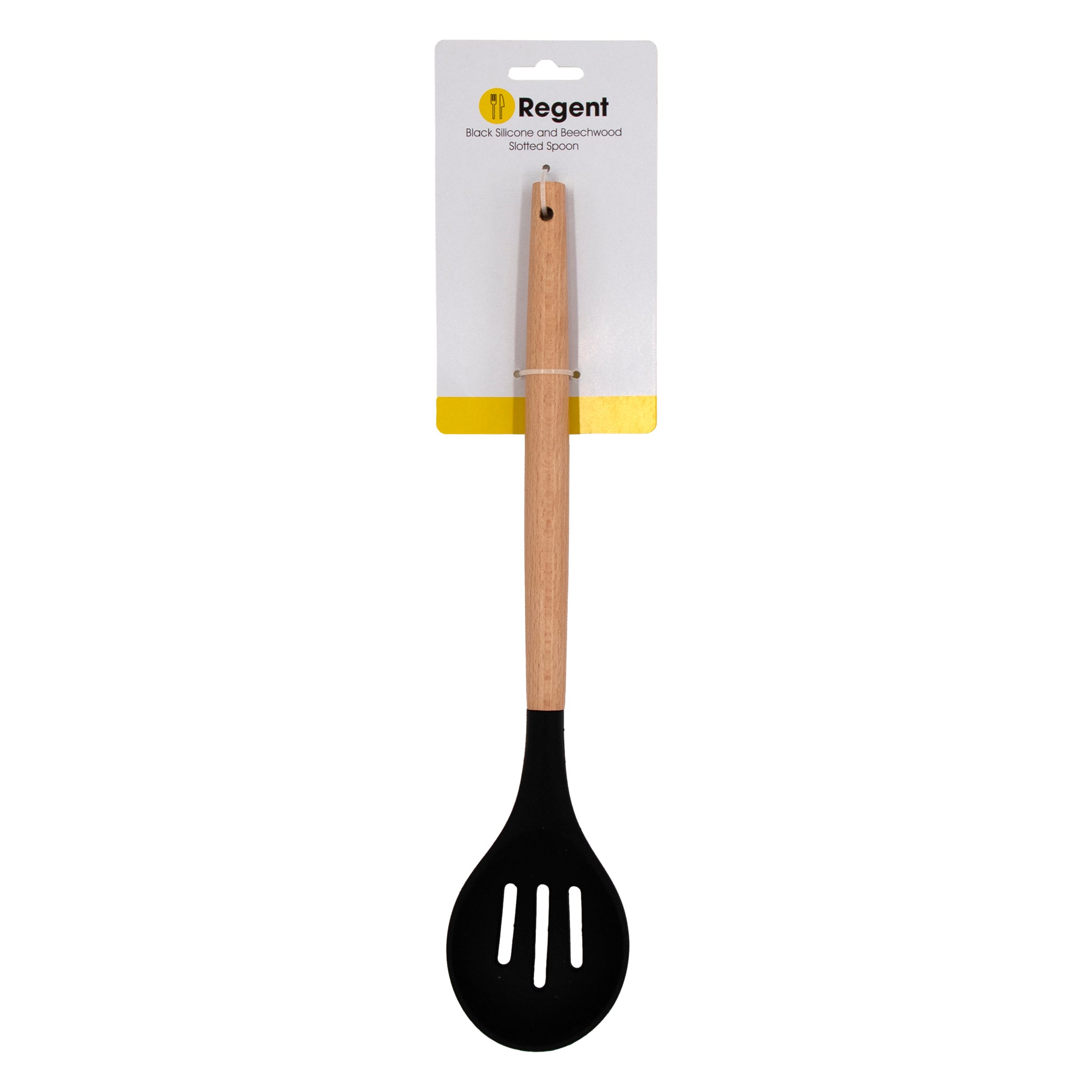 REGENT KITCHEN SLOTTED SPOON BLACK SILICONE WITH WOODEN HANDLE, 340MM