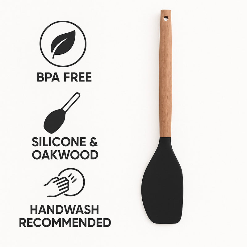 REGENT KITCHEN SPATULA BLACK SILICONE AND WOODEN HANDLE, 340MM