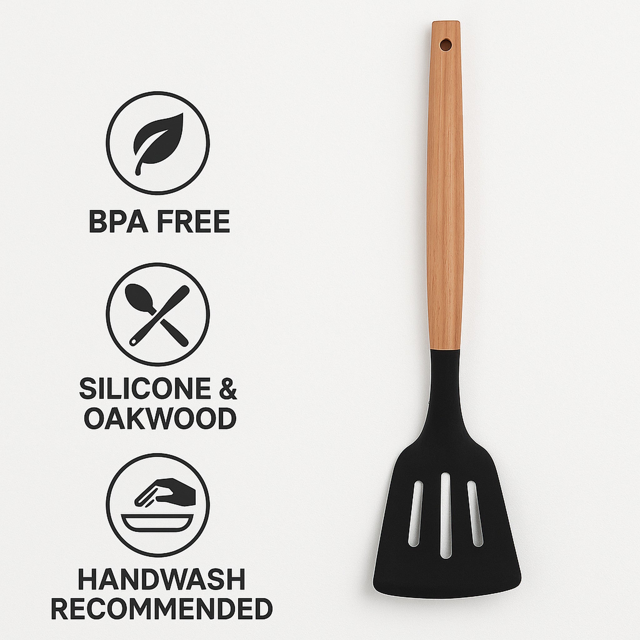 REGENT KITCHEN SLOTTED TURNER BLACK SILICONE WITH WOODEN HANDLE, 340MM