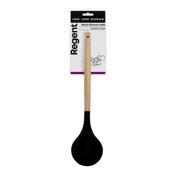 REGENT KITCHEN LADLE BLACK SILICONE AND WOODEN HANDLE, 340MM