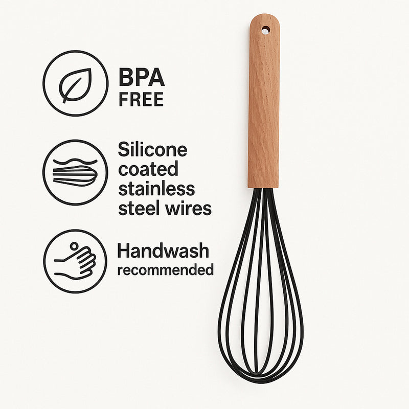 REGENT KITCHEN WHISK BLACK SILICONE COATED WIRE AND WOODEN HANDLE, 260MM