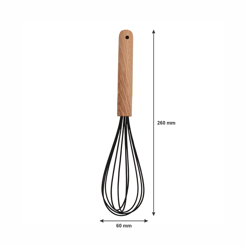 REGENT KITCHEN WHISK BLACK SILICONE COATED WIRE AND WOODEN HANDLE, 260MM