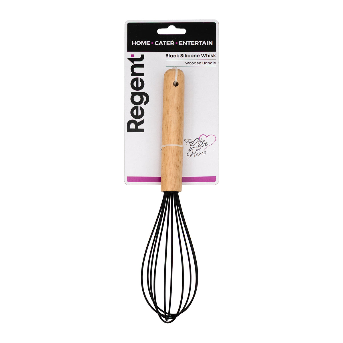 REGENT KITCHEN WHISK BLACK SILICONE COATED WIRE WITH WOODEN HANDLE, 260MM