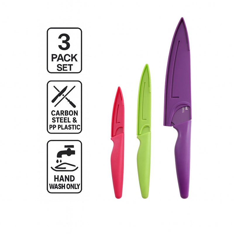 REGENT KITCHEN CHEF, UTILITY, PARING COLOURED KNIVES WITH SHEATHS 3PCS SET